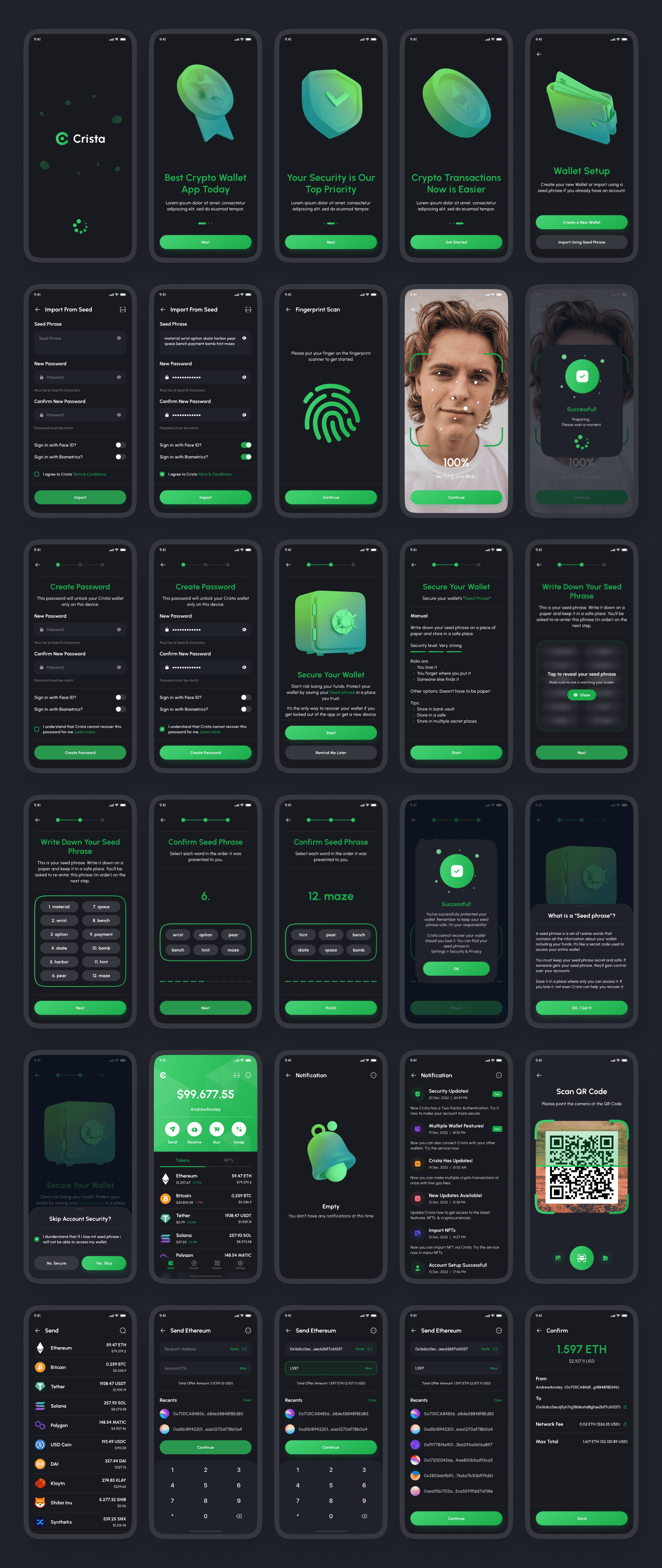 4581 数字货币加密钱包App应用程序UI界面设计Fig模板 Crista Crypto Wallet App UI Kit